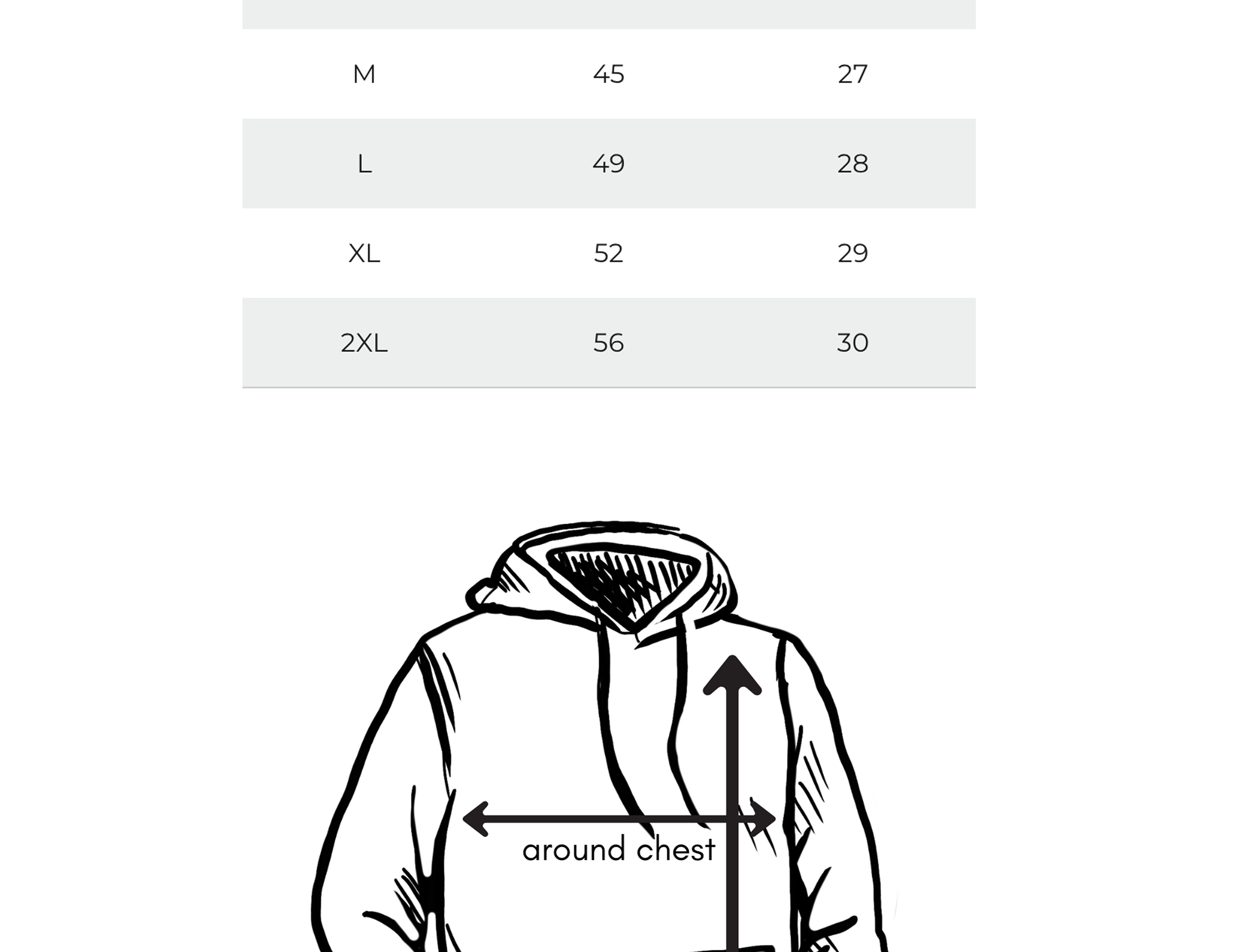 Hoodie size chart with measurements in inches and centimeters, and a diagram of how to measure chest and length.