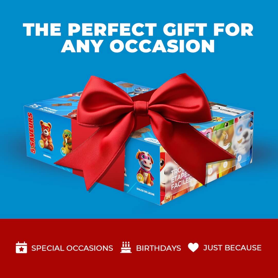 A boxed gift set wrapped with a large red satin bow, shown on a bright blue background with promotional text reading 'THE PERFECT GIFT FOR ANY OCCASION' and a red banner at the bottom.