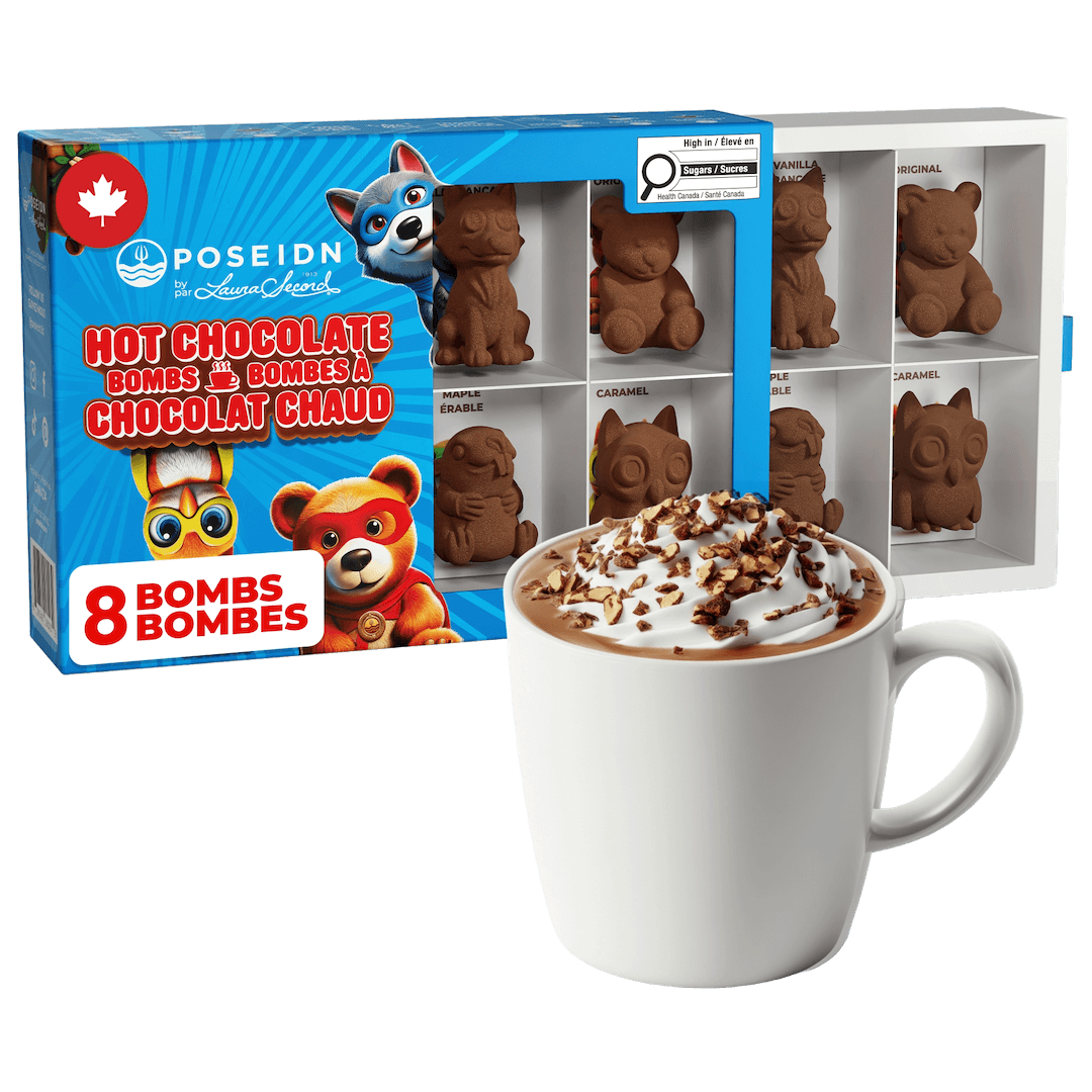 A box of Poseidn Hot Chocolate Bombs shown next to a white mug filled with hot chocolate topped with whipped cream and nuts. The blue packaging features cartoon bear characters and labels eight different chocolate flavors.
