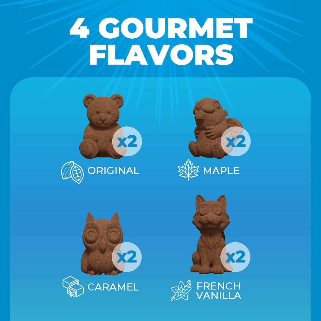 Four gourmet chocolate animal figures with flavors 'Original', 'Maple', 'Caramel', and 'French Vanilla' on a blue background.