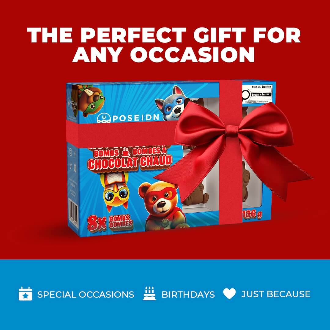 A boxed chocolate gift set from Poseidon on a red background with promotional text. The package is blue with cartoon animal faces and a large red ribbon bow wrapped around it.