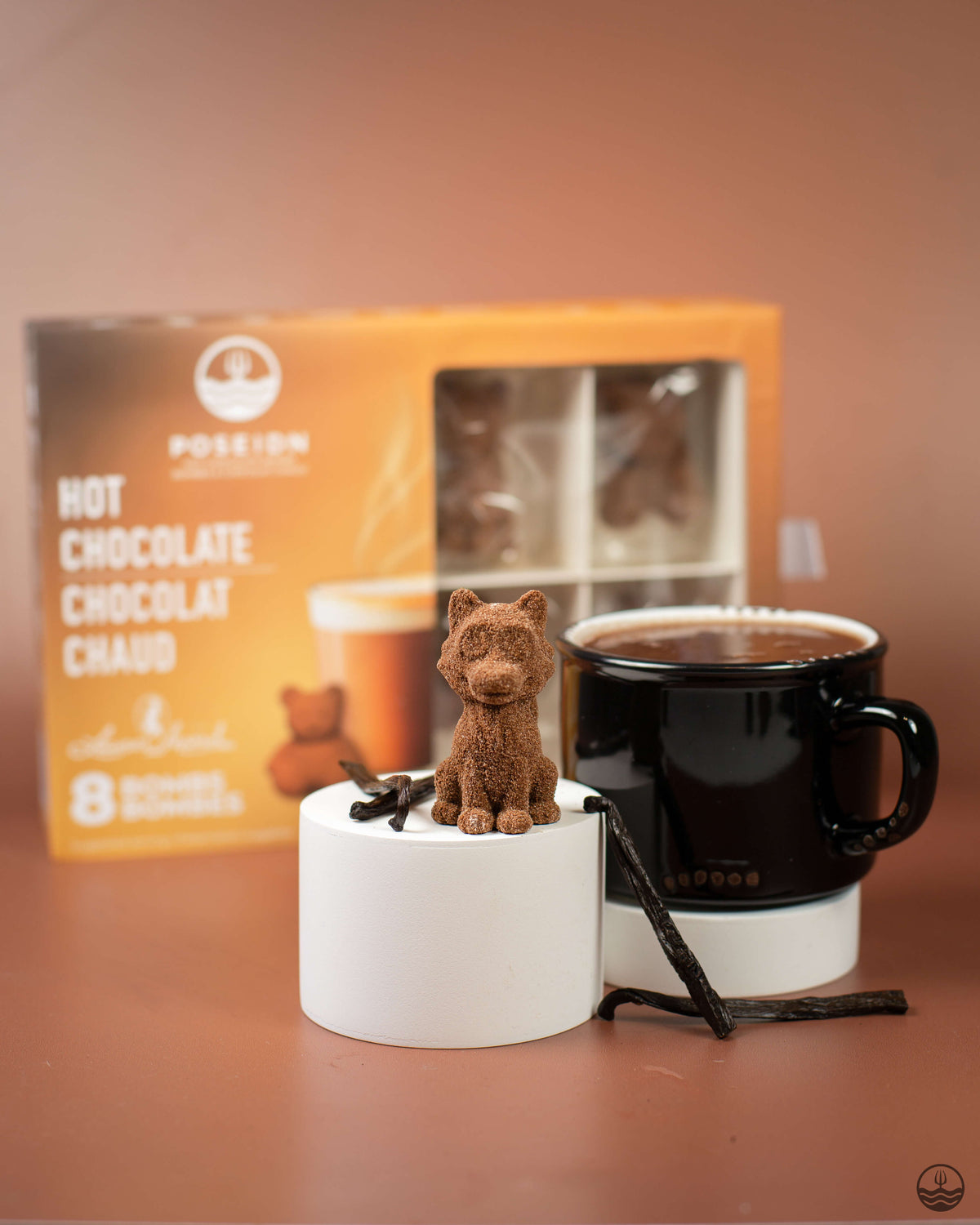 Hot chocolate with a small bear figurine and vanilla beans, featuring a Poscaion product in the background.
