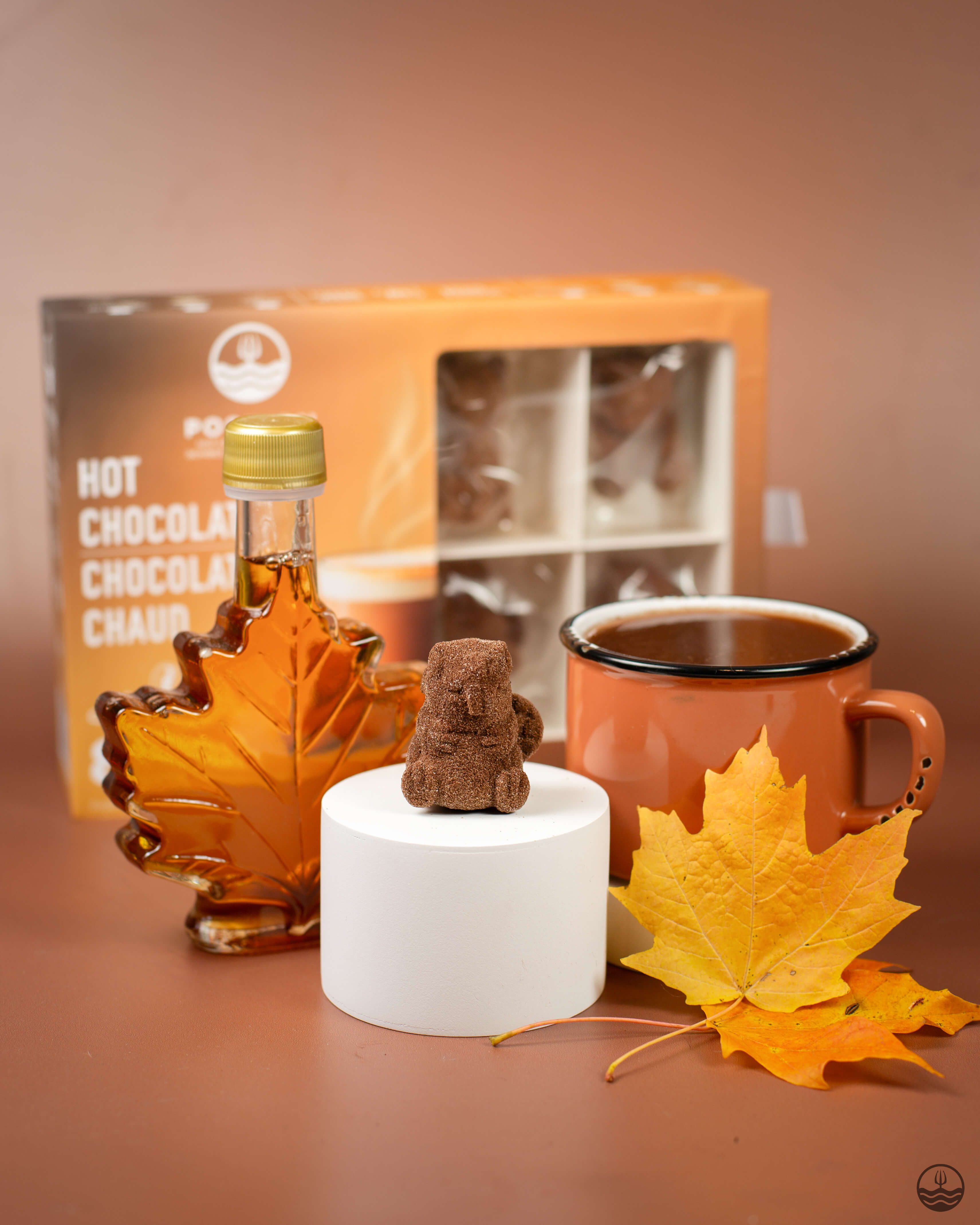 Maple syrup bottle, mug of hot chocolate, and decorative bear on a brown surface with a blurred background.
