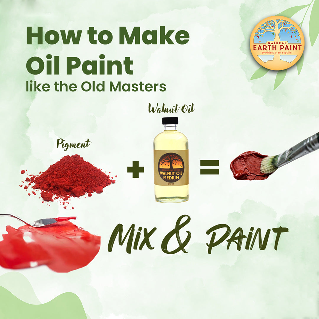 Instructional graphic on making oil paint with pigment and walnut oil, featuring Earth Paint logo.