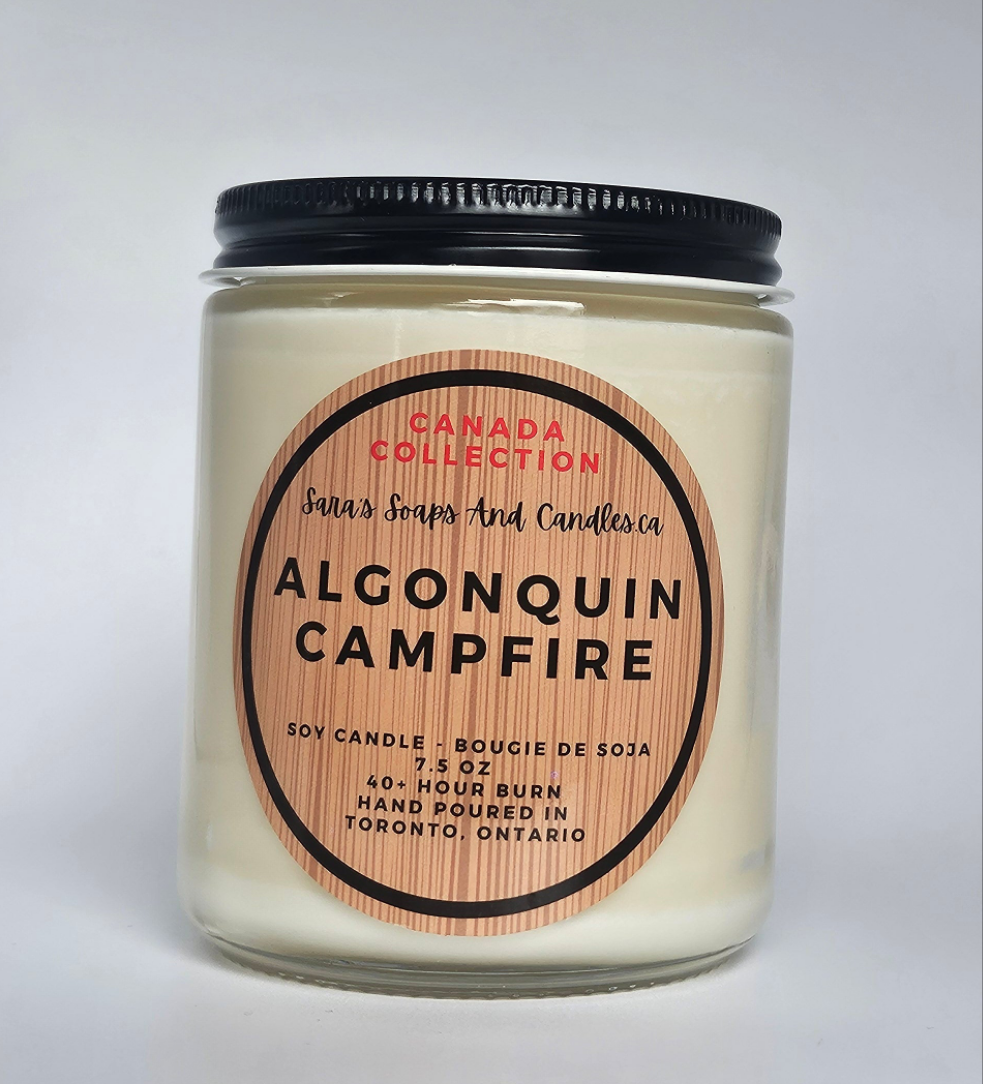 Candle jar labeled 'Algonquin Campfire' from Canada Collection on a white background