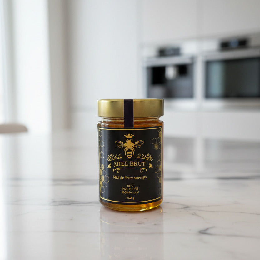 Jar of honey with a black label on a marble countertop in a kitchen.