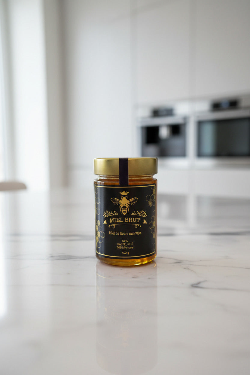 Jar of honey with a black label on a marble countertop in a kitchen.