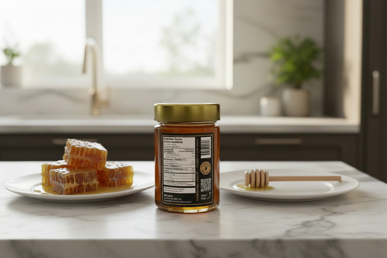 Jar of honey with honeycomb and dipper on a kitchen counter
