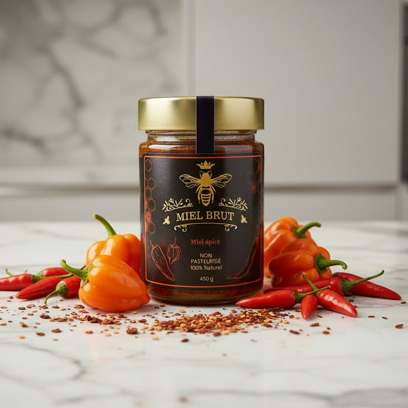 Jar of Miel Brut honey with chili peppers on a marble surface