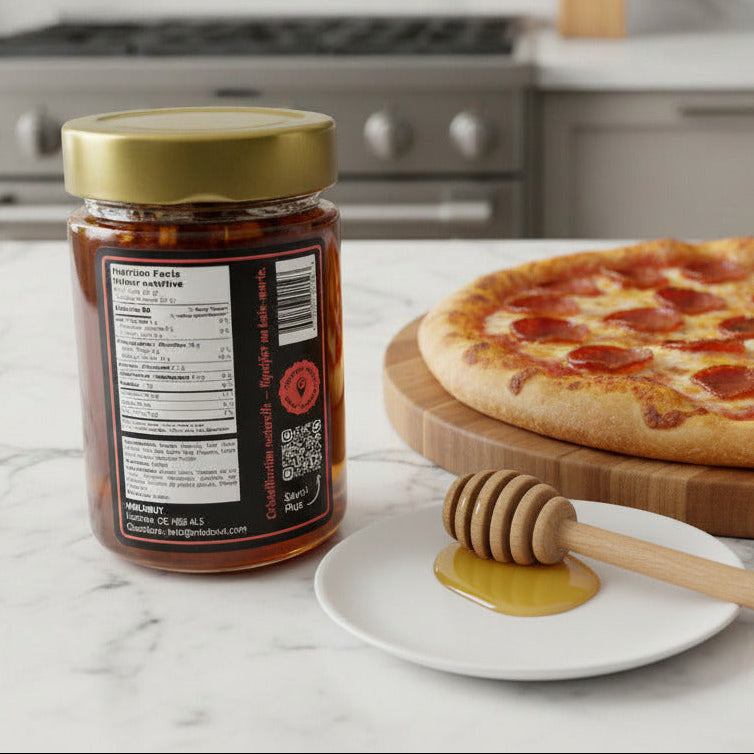Jar of honey, pizza, and honey dipper on a kitchen counter