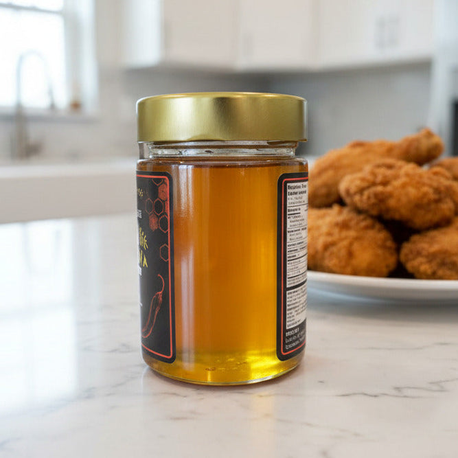 Jar of honey on a kitchen counter with fried food in the background