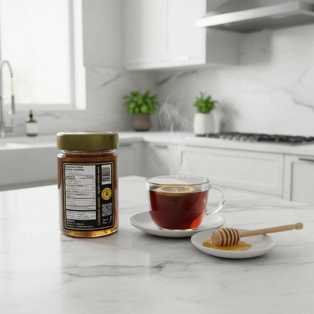 Jar of honey and a cup of tea on a kitchen counter with a white background