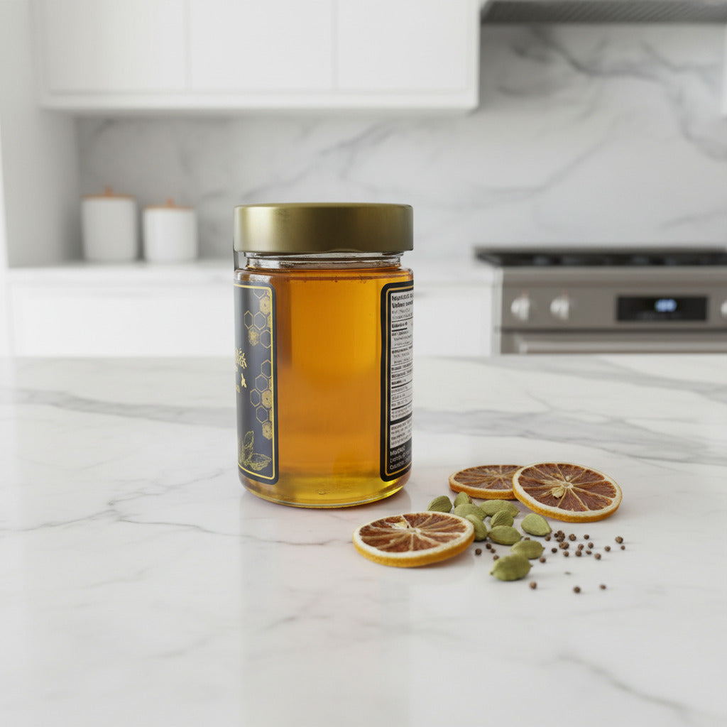 Jar of honey on a kitchen counter with orange slices and cardamom pods.
