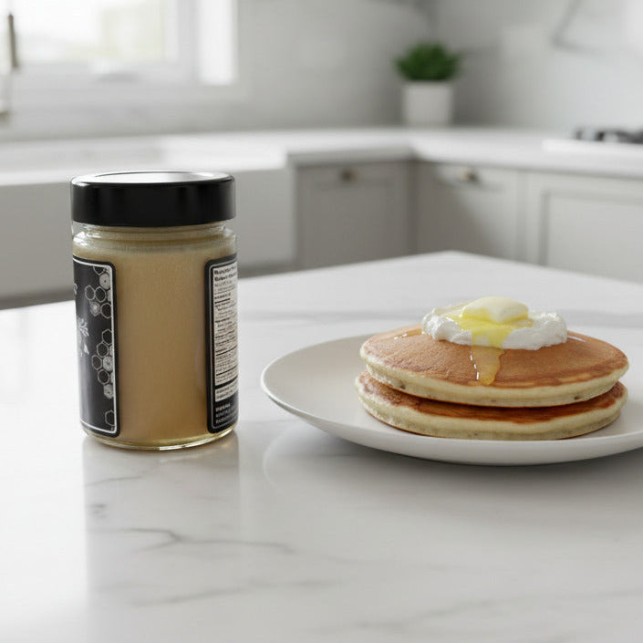 Stack of pancakes with syrup on a plate next to a jar of honey on a kitchen counter.