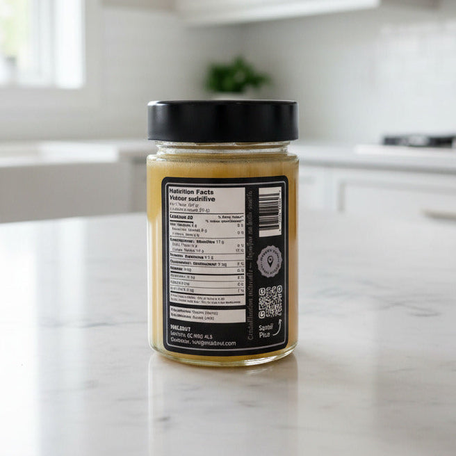 Jar of honey on a kitchen counter with blurred background