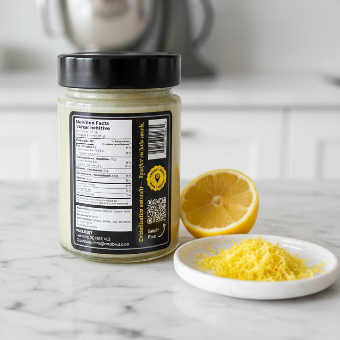 Jar of lemon zest on a marble countertop with a lemon and mixer in the background