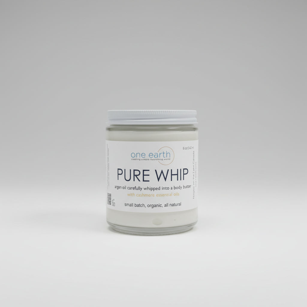 Jar of 'Pure Whip' body butter by one earth on a white background
