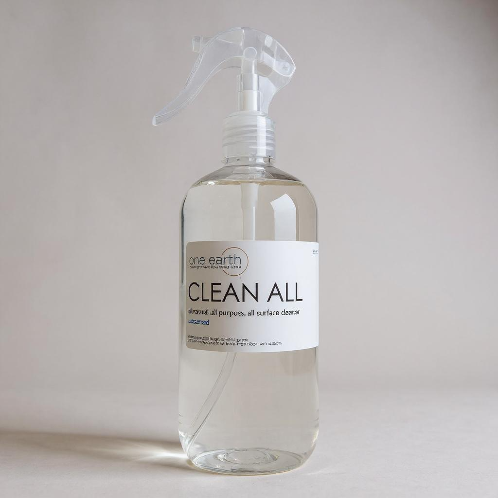 Clear spray bottle labeled 'Clean All' on a light gray background