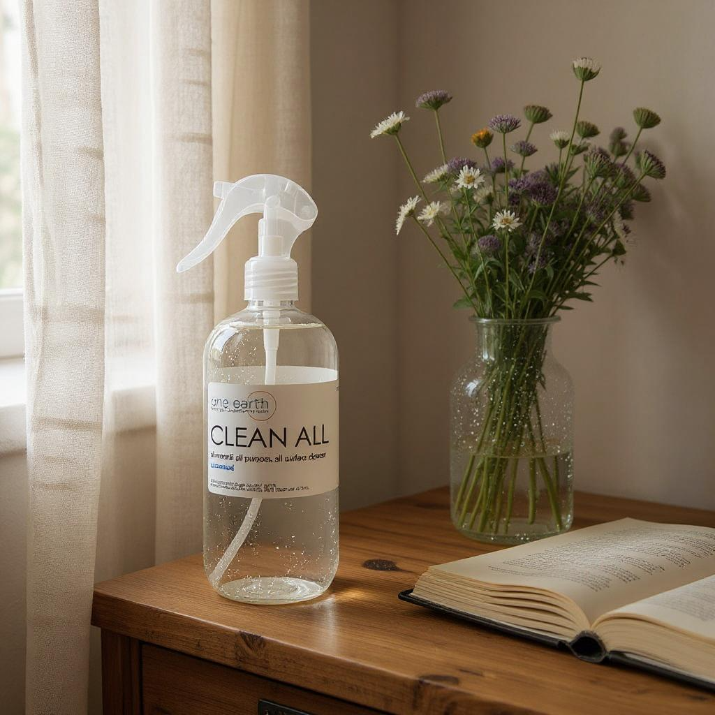 Clear spray bottle labeled 'Clean All' on a wooden surface with flowers and an open book.