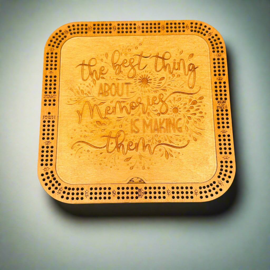 Creations by Alfie square wooden cribbage board with engraved memories quote lid – 10-inch.