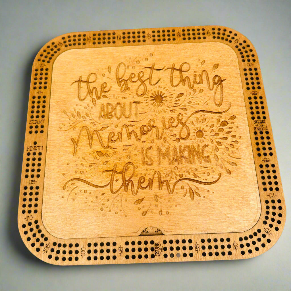 Creations by Alfie square wooden cribbage board with engraved memories quote lid – 10-inch.