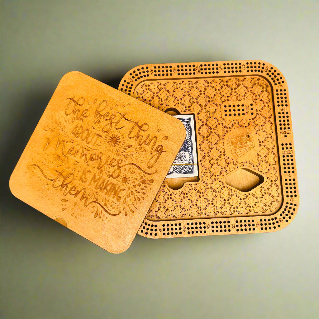 Creations by Alfie square cribbage board with lid removed, showing card and peg storage – 10-inch