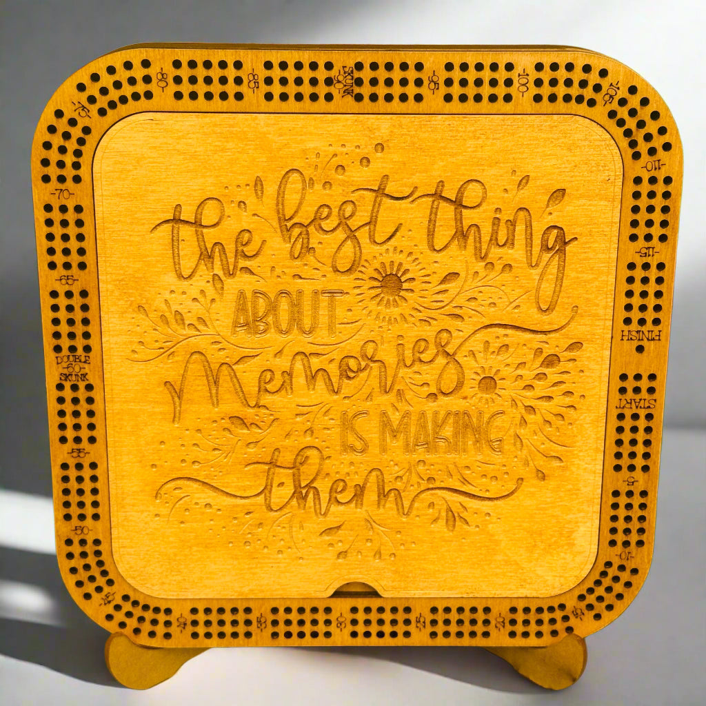 Creations by Alfie square wooden cribbage board with engraved memories quote lid – 10-inch.