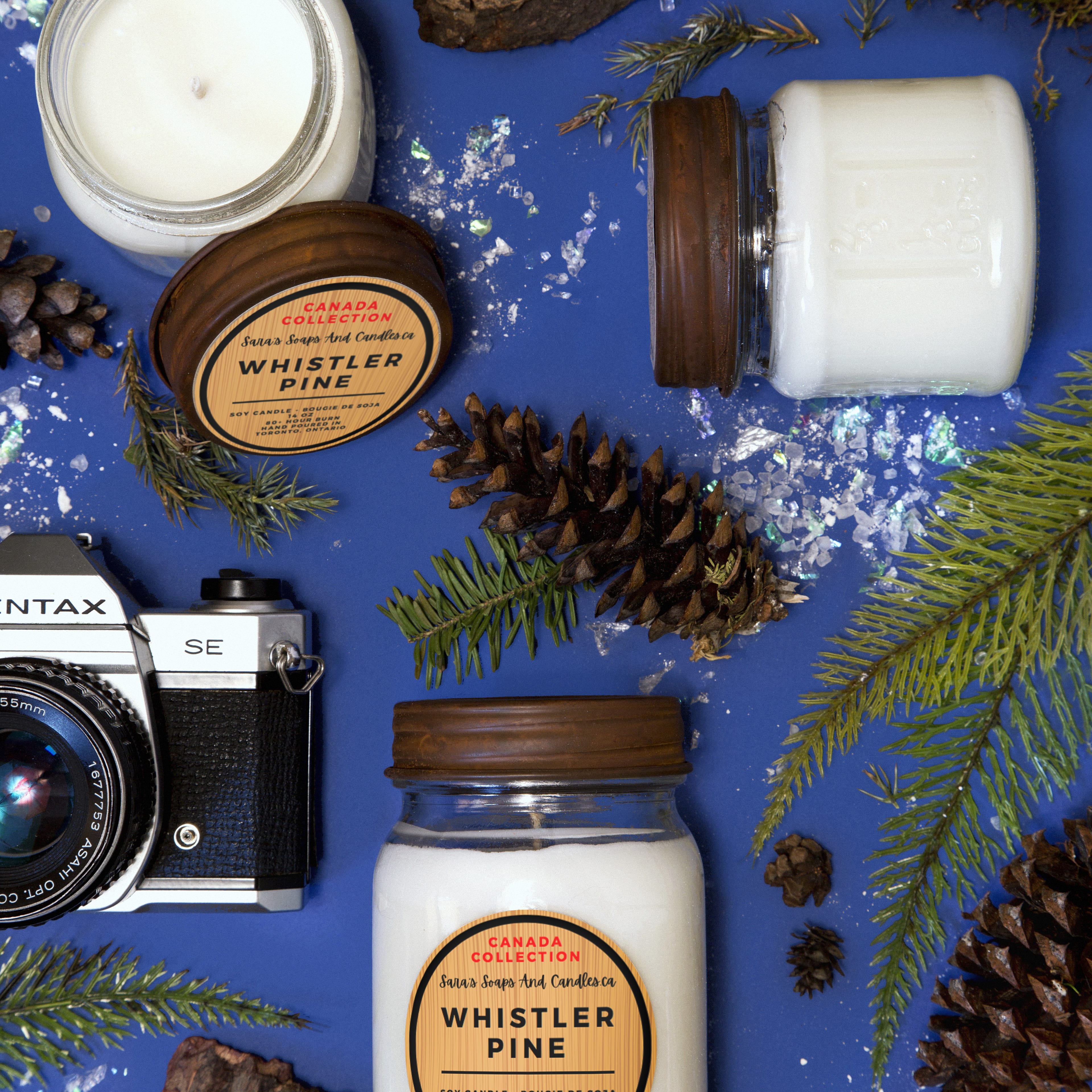 Candles, camera, pinecones, and greenery on a blue background