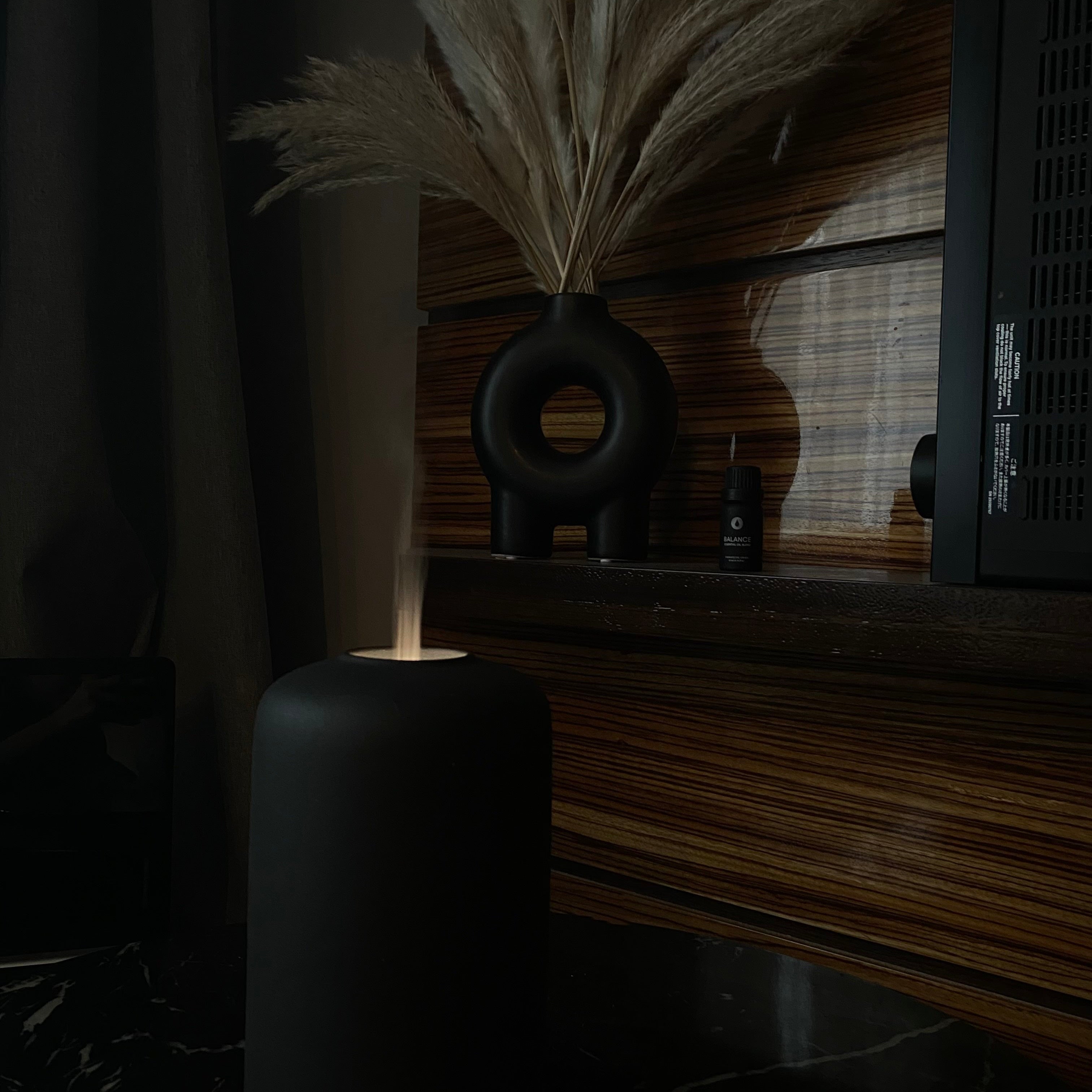 Dark vase with dried plants on a wooden shelf in a dimly lit room