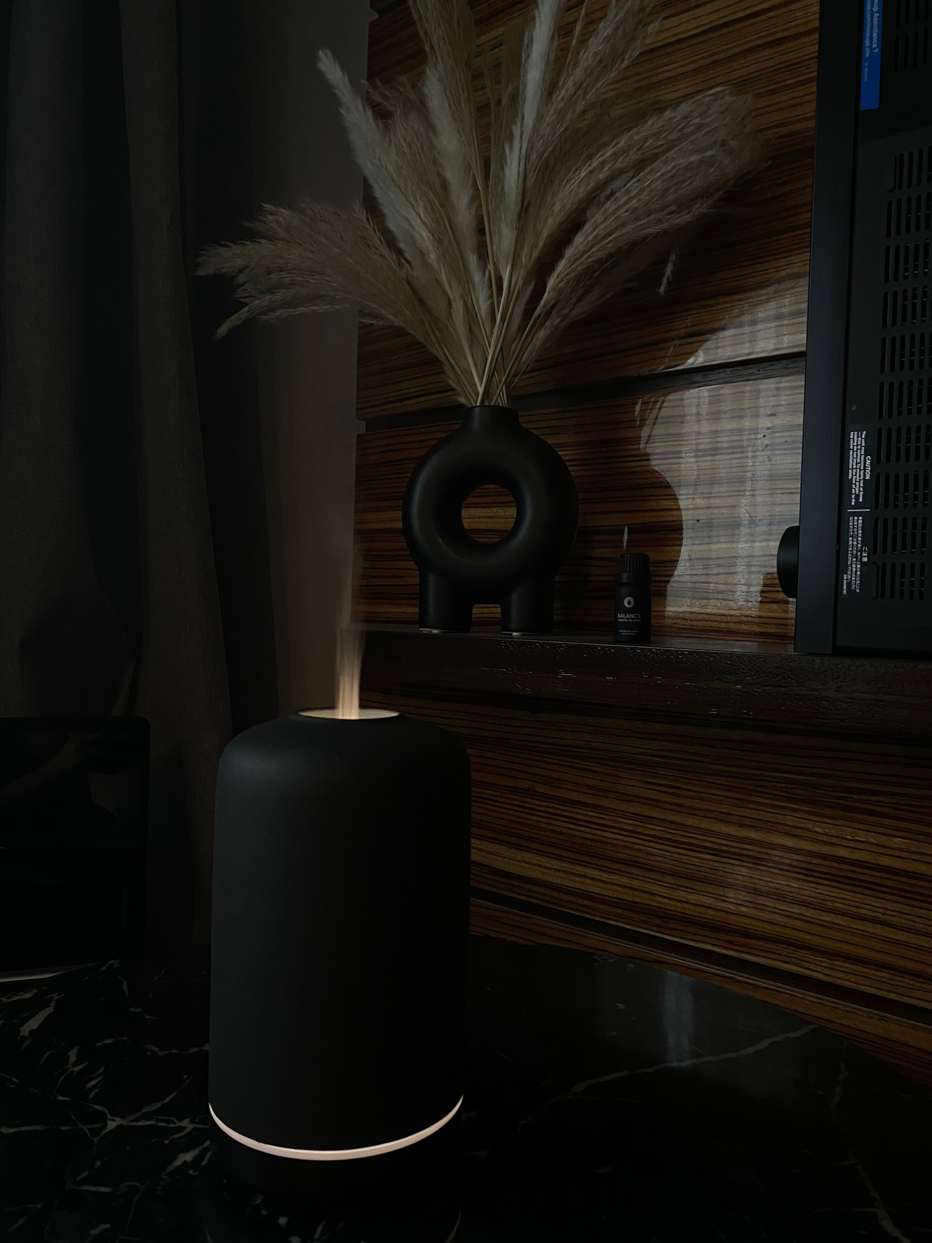 Dark vase with dried plants on a wooden shelf in a dimly lit room