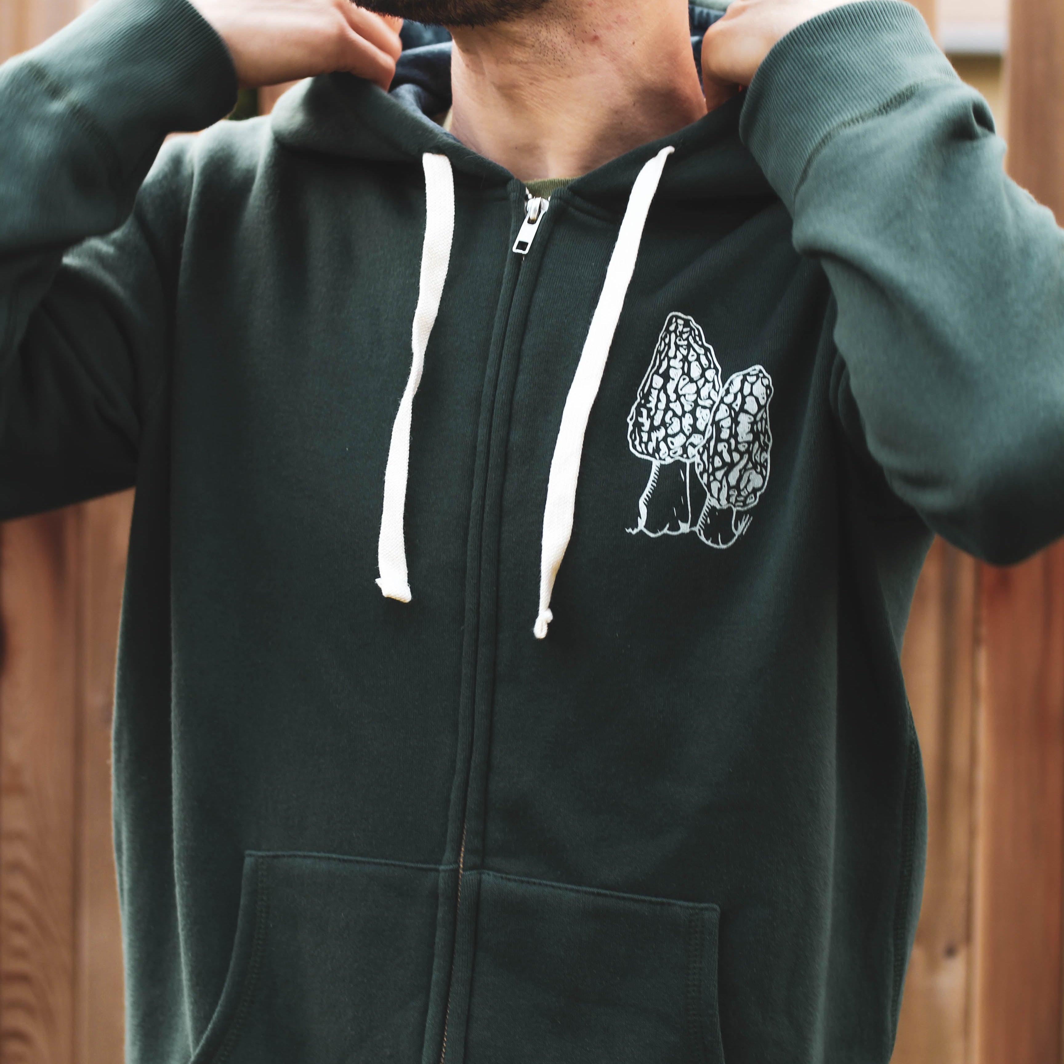 WILD WEST COAST Unisex Zip Up Eco Hoodie - Forest Green front pocket detail