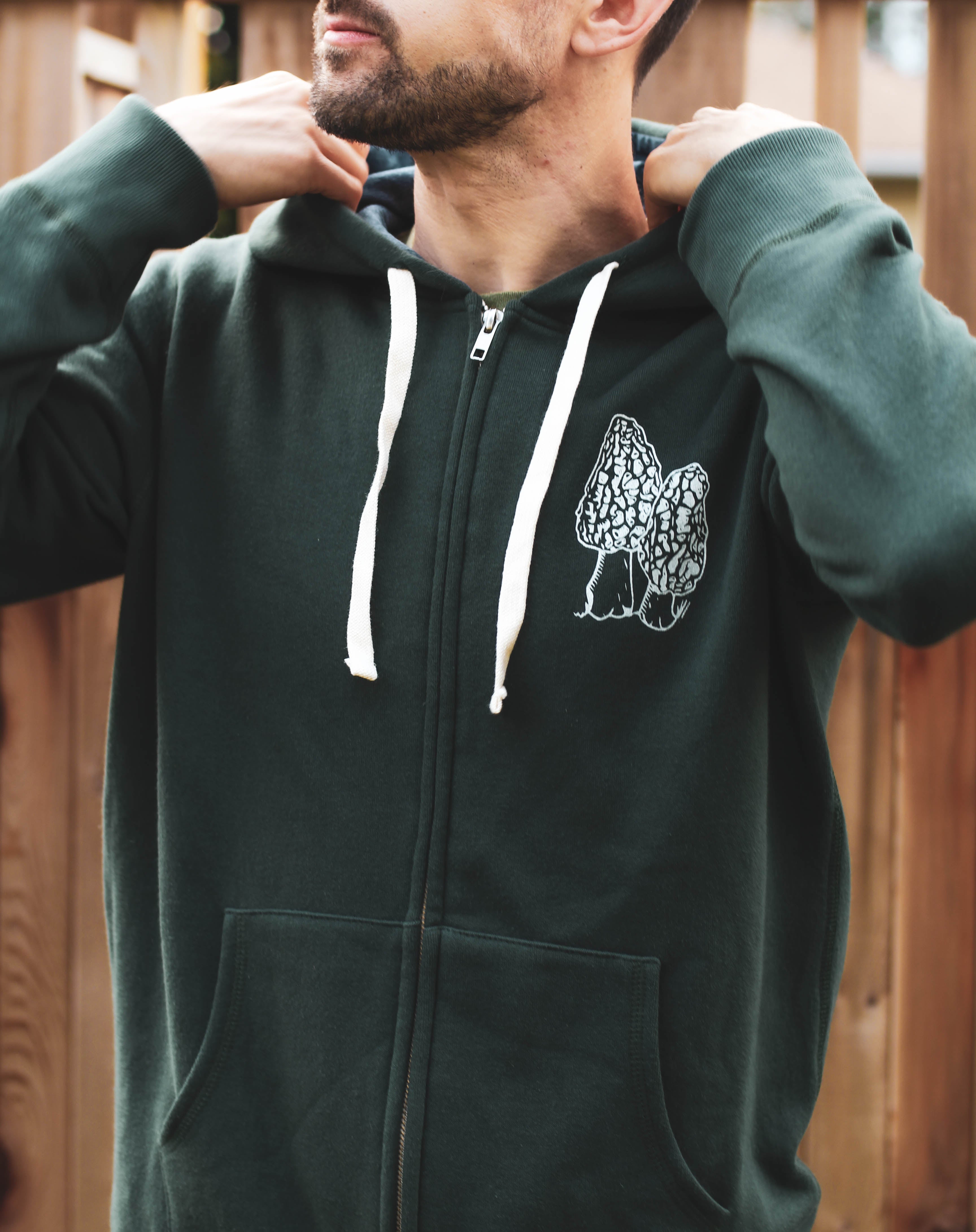 WILD WEST COAST Unisex Zip Up Eco Hoodie - Forest Green front pocket detail