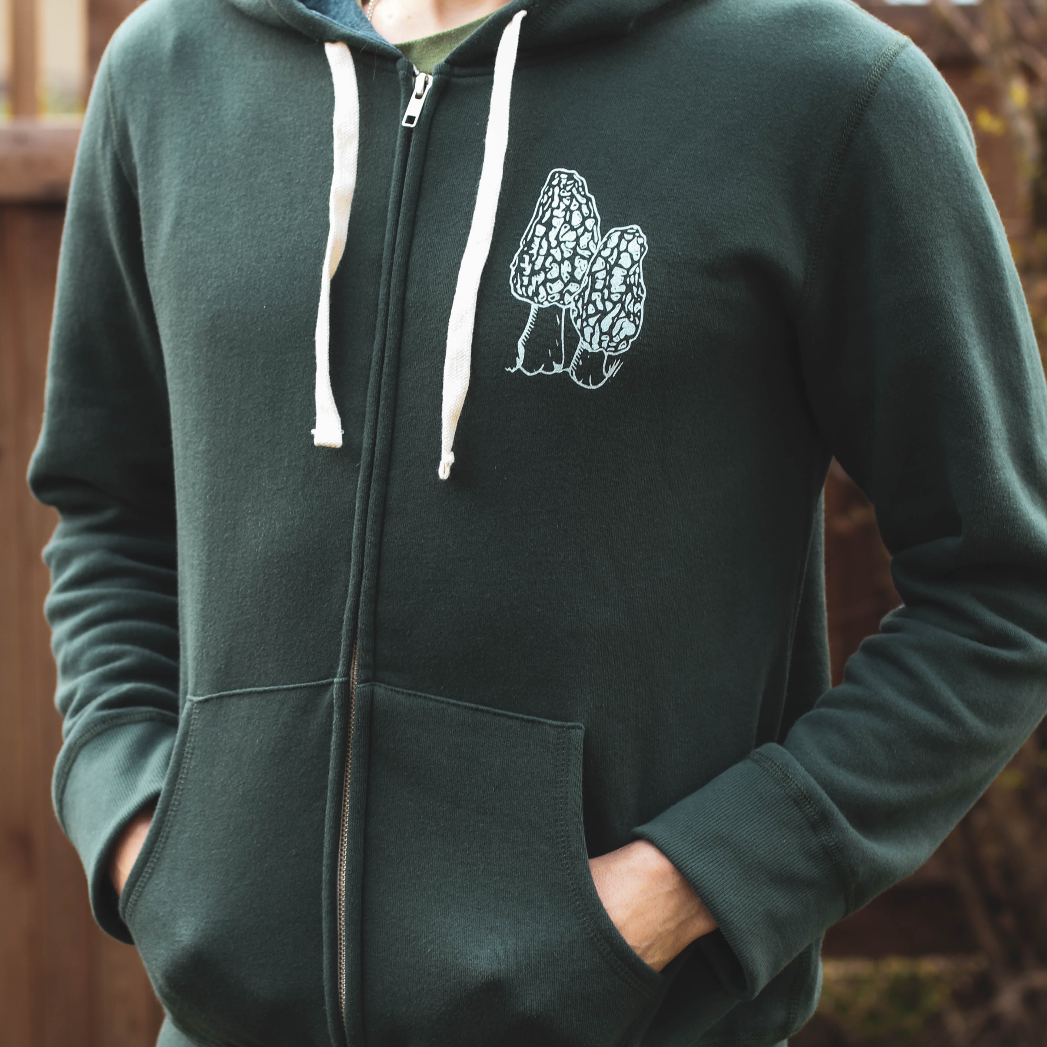 WILD WEST COAST Unisex Zip Up Eco Hoodie - Forest Green front pocket