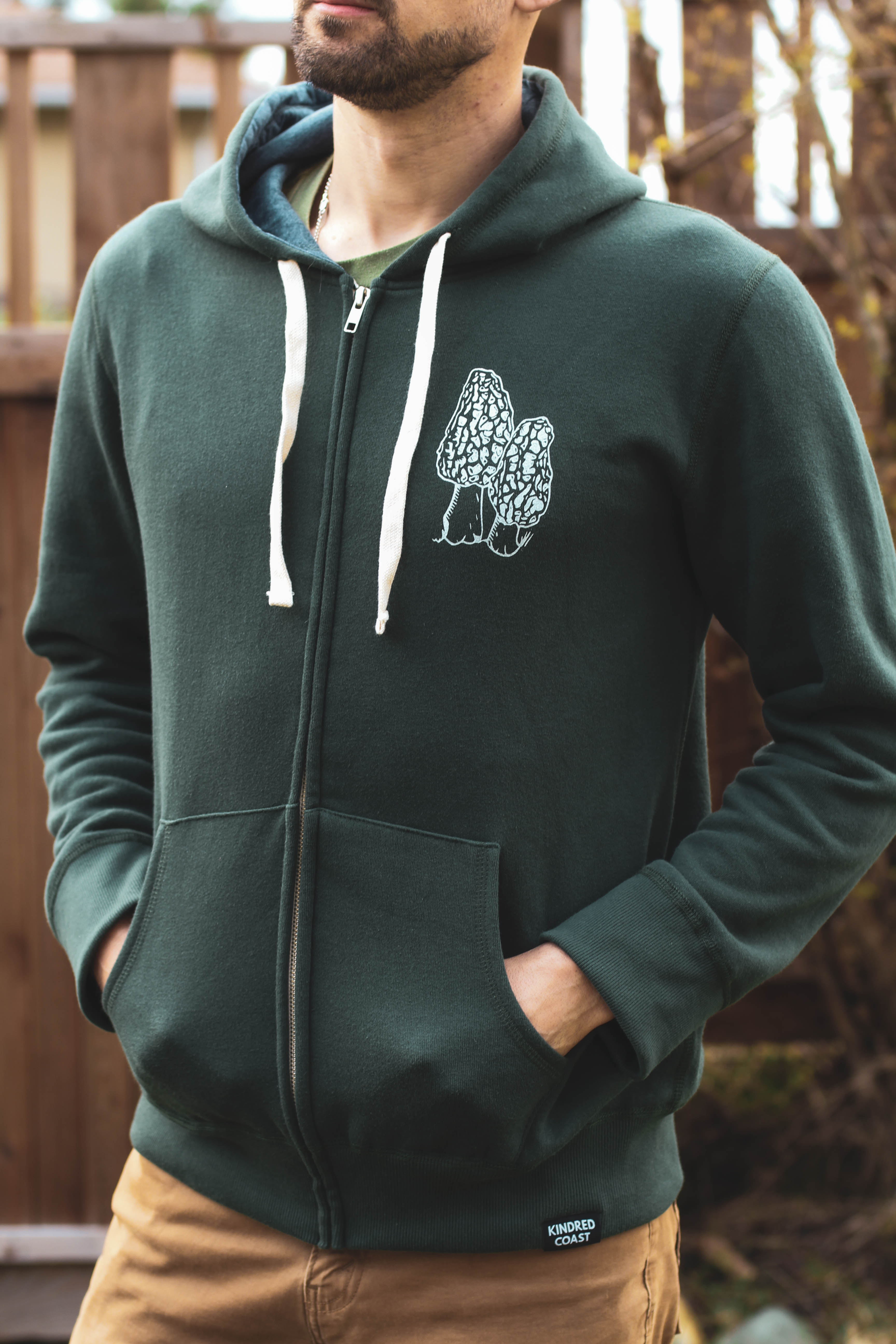 WILD WEST COAST Unisex Zip Up Eco Hoodie - Forest Green front pocket