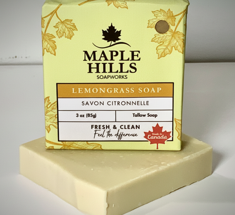Bar of soap with Maple Hills Soapworks packaging on a white background