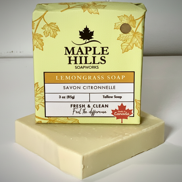 Bar of soap with Maple Hills Soapworks packaging on a white background