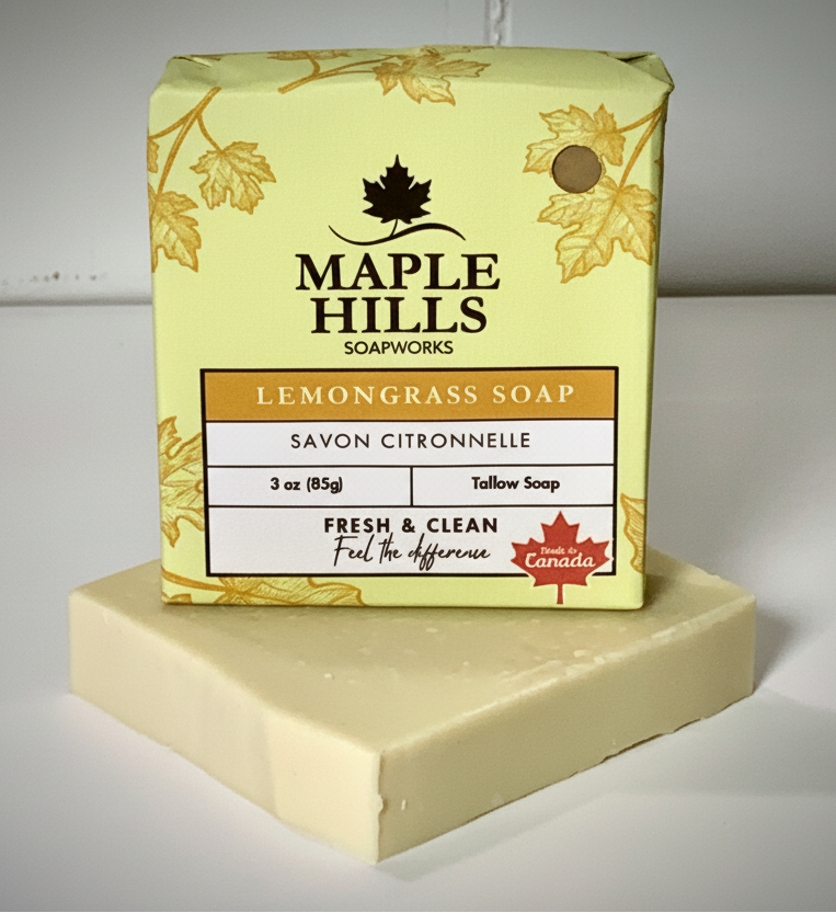 Bar of soap with Maple Hills Soapworks packaging on a white background