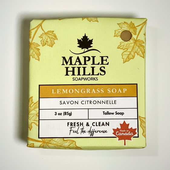 Bar of soap with 'Maple Hills Soapworks' branding on a light background