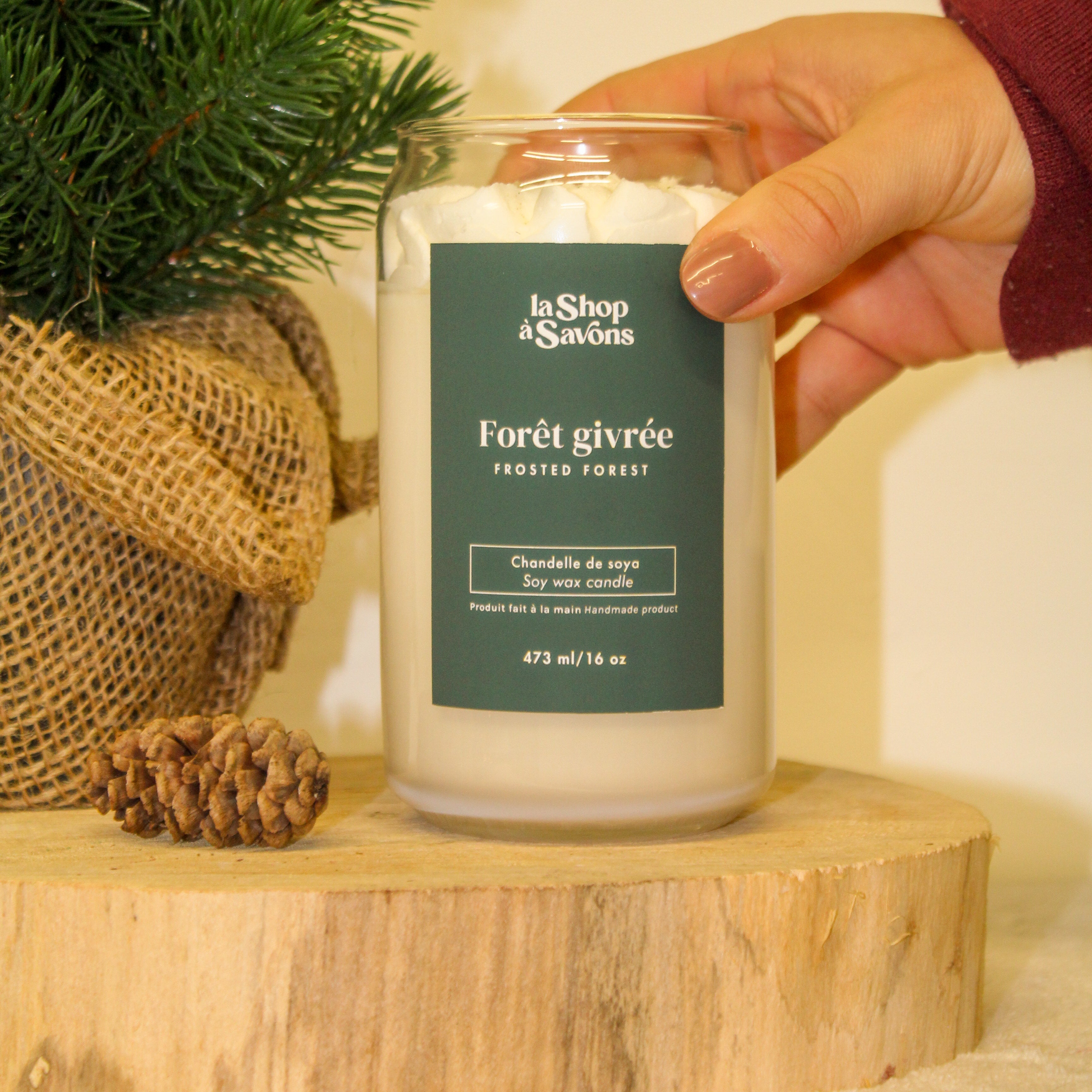 Hand holding a candle labeled 'Forét givrée' with a Christmas tree and pinecones in the background.