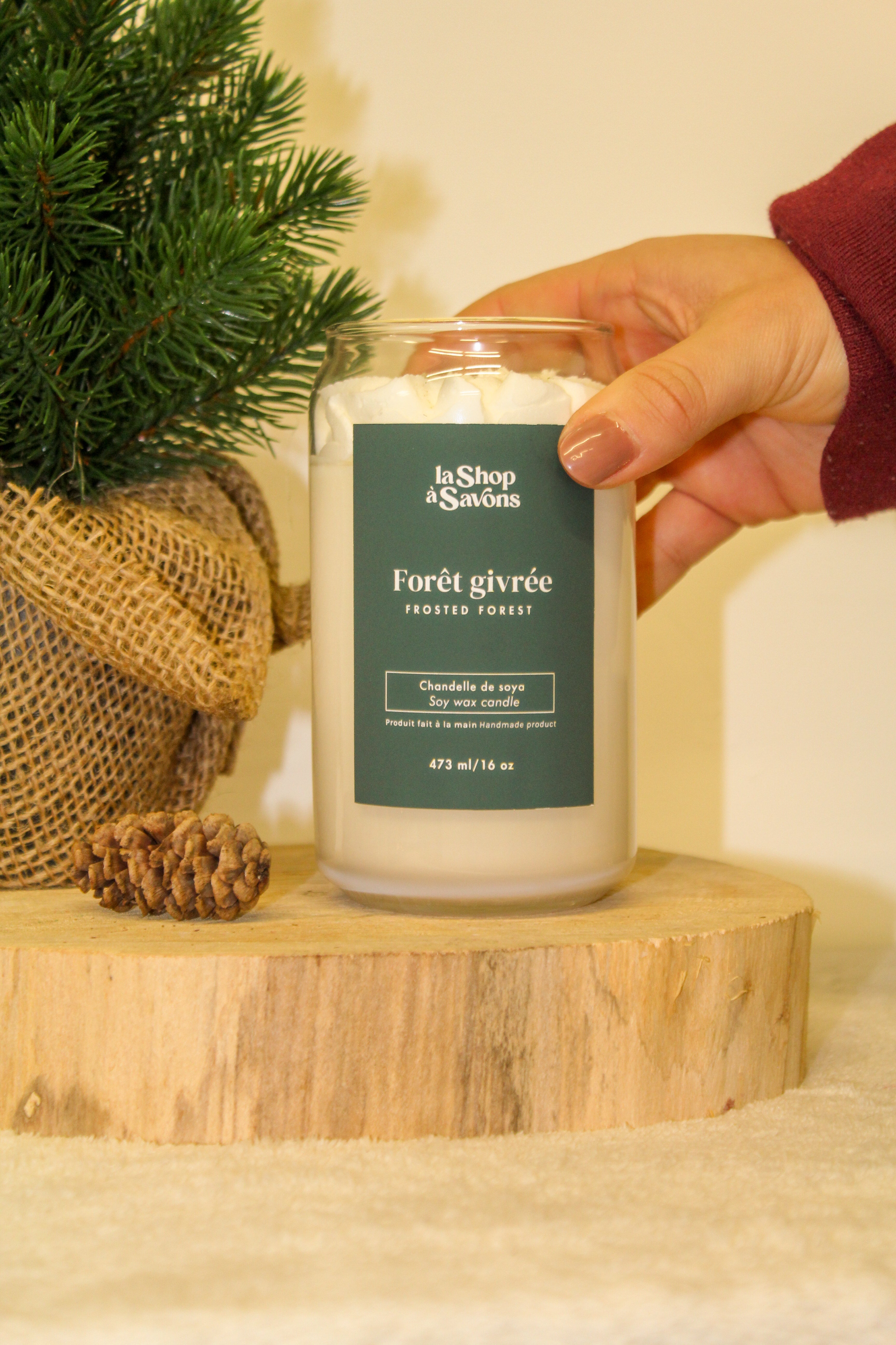 Hand holding a candle labeled 'Forét givrée' with a Christmas tree and pinecones in the background.