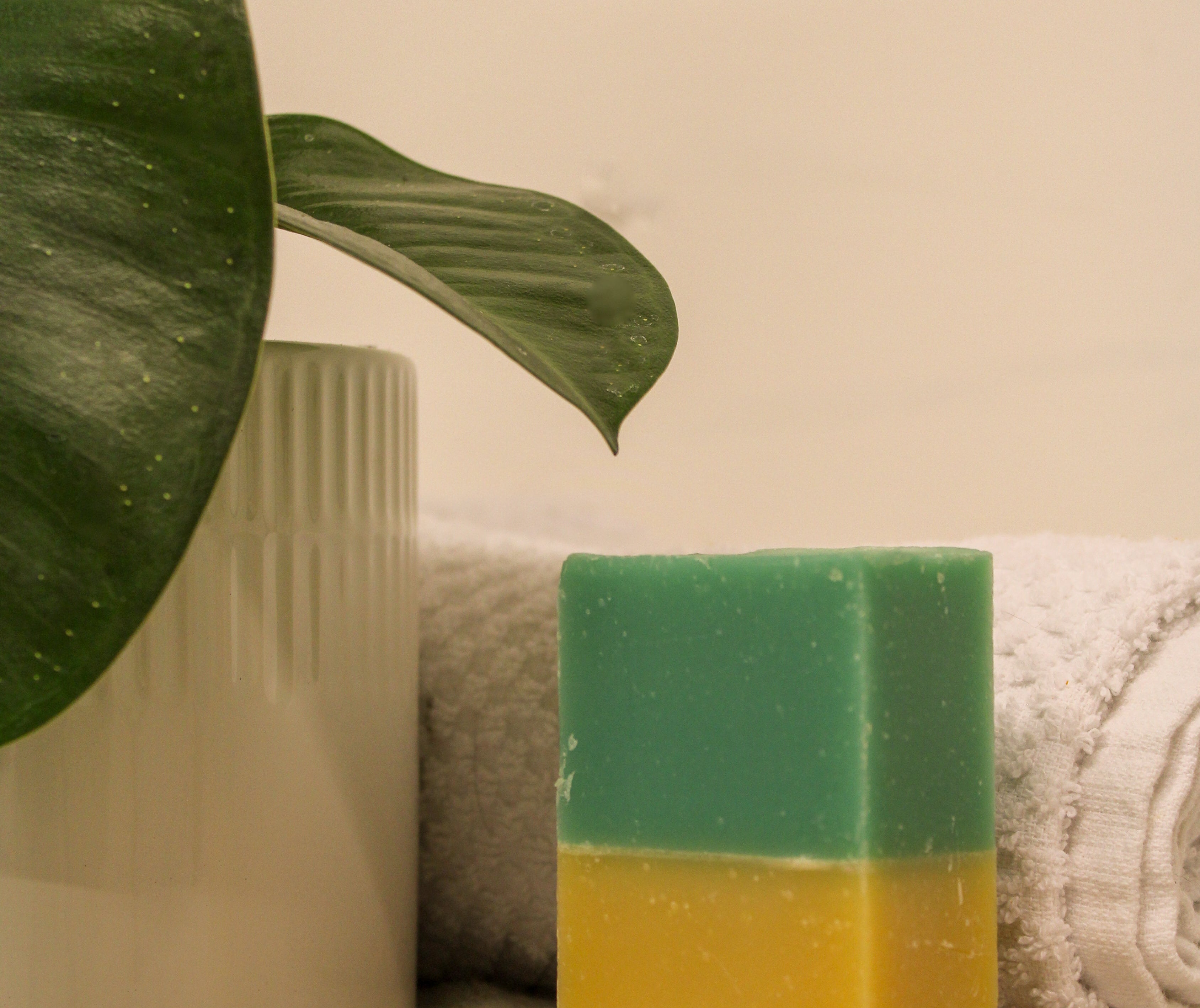 Two-toned green and yellow soap bar on a towel with a plant and vase in the background