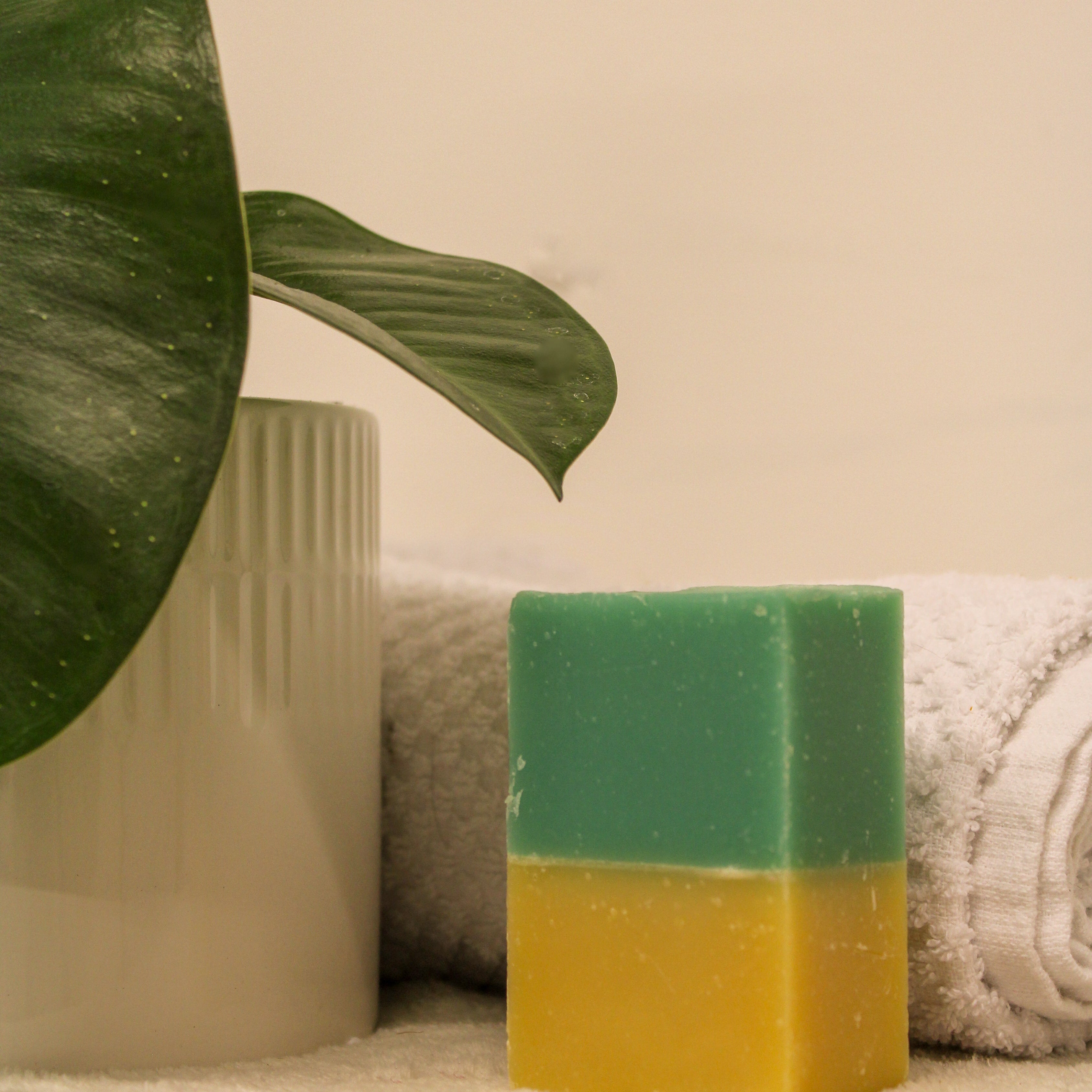 Two-toned green and yellow soap bar on a towel with a plant and vase in the background