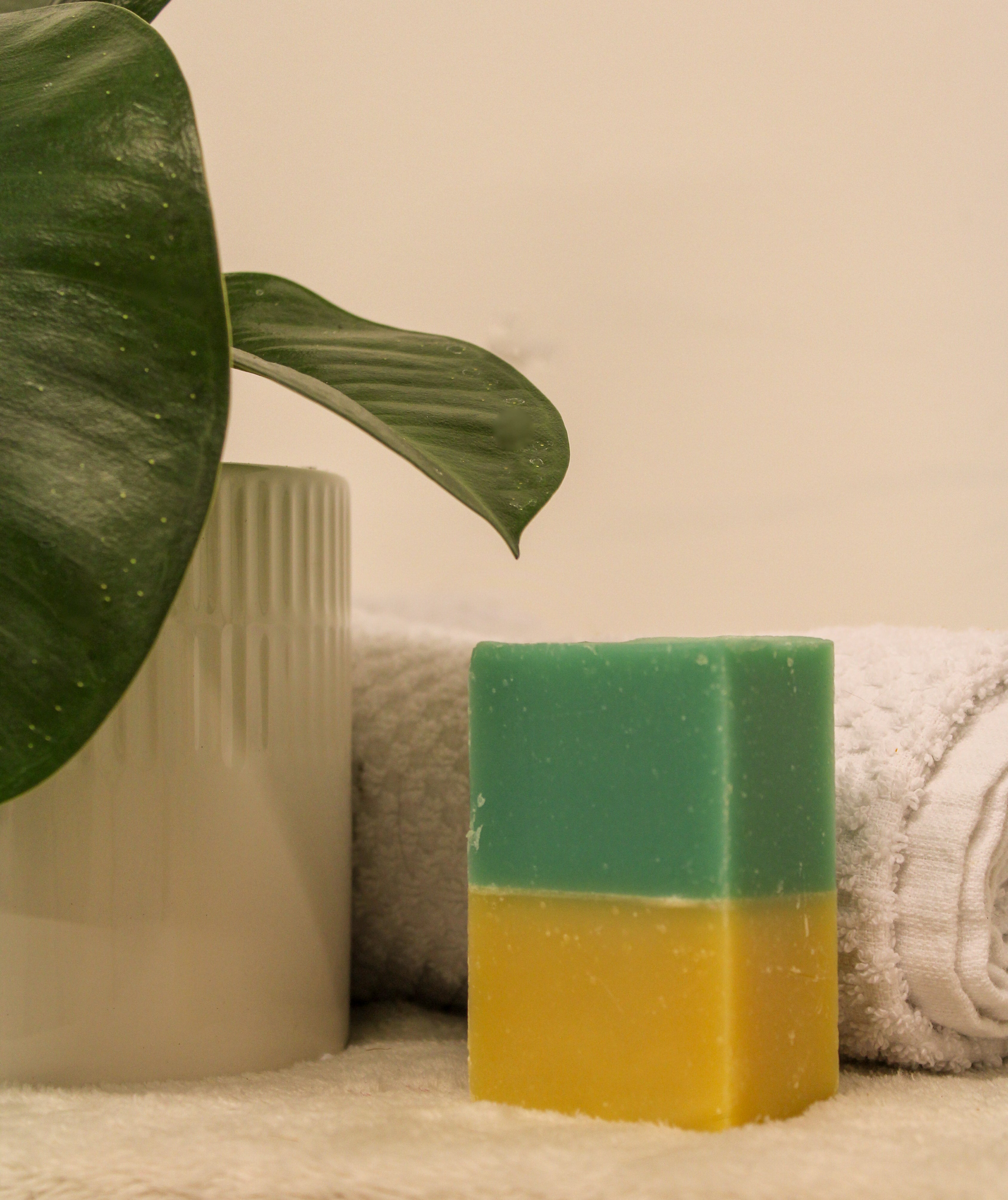 Two-toned green and yellow soap bar on a towel with a plant and vase in the background