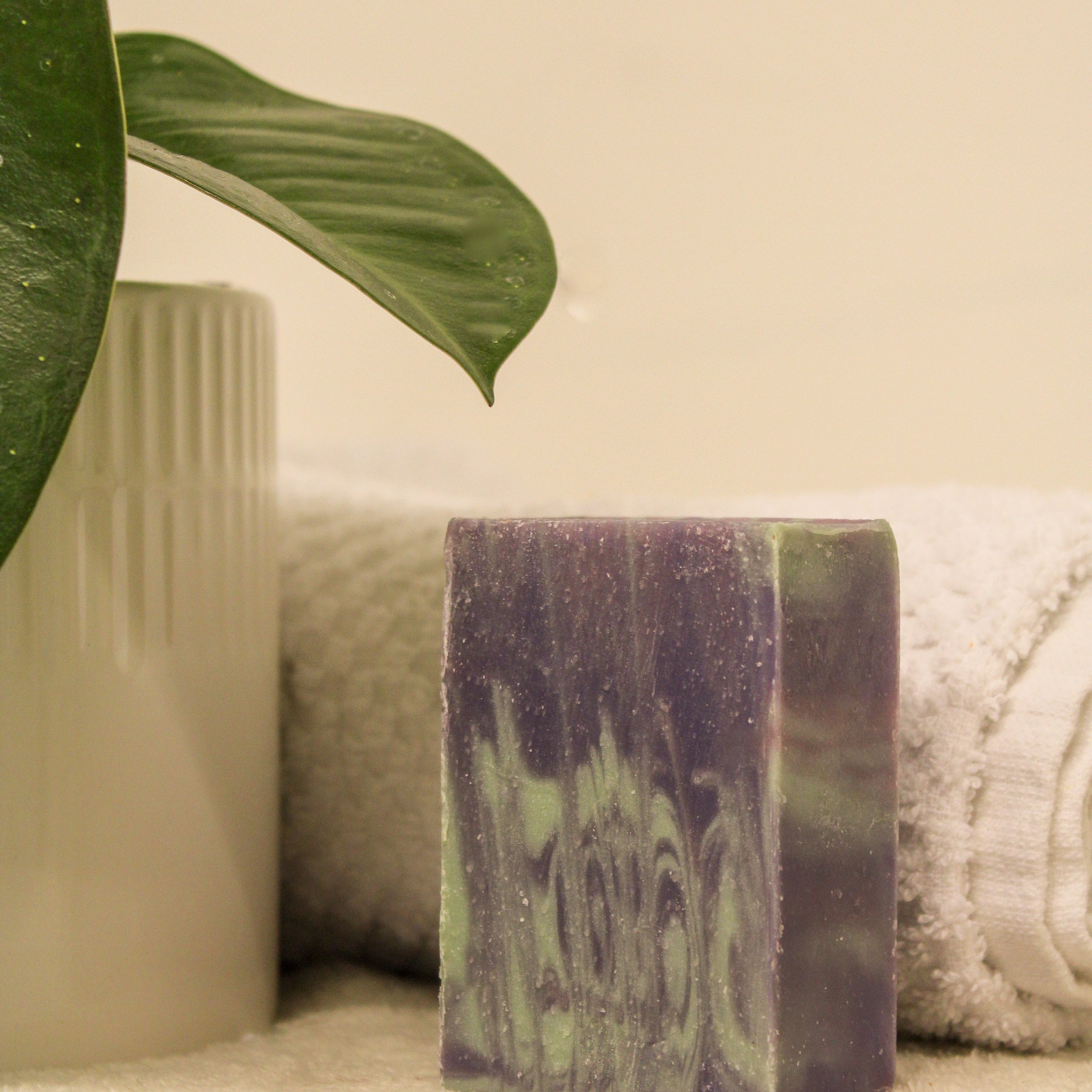 Bar of soap with green and purple design on a textured surface with a plant leaf and vase in the background.