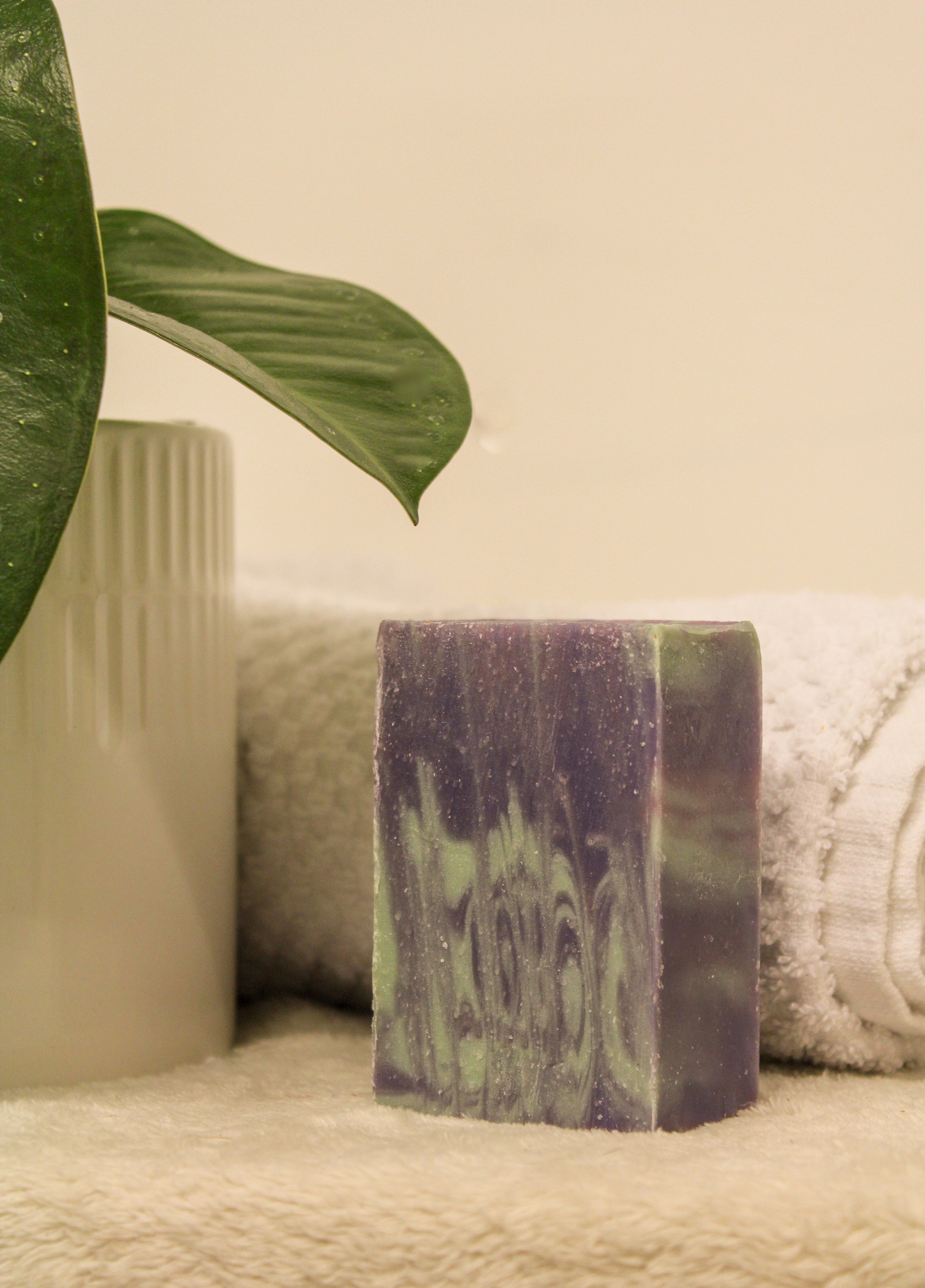 Bar of soap with green and purple design on a textured surface with a plant leaf and vase in the background.