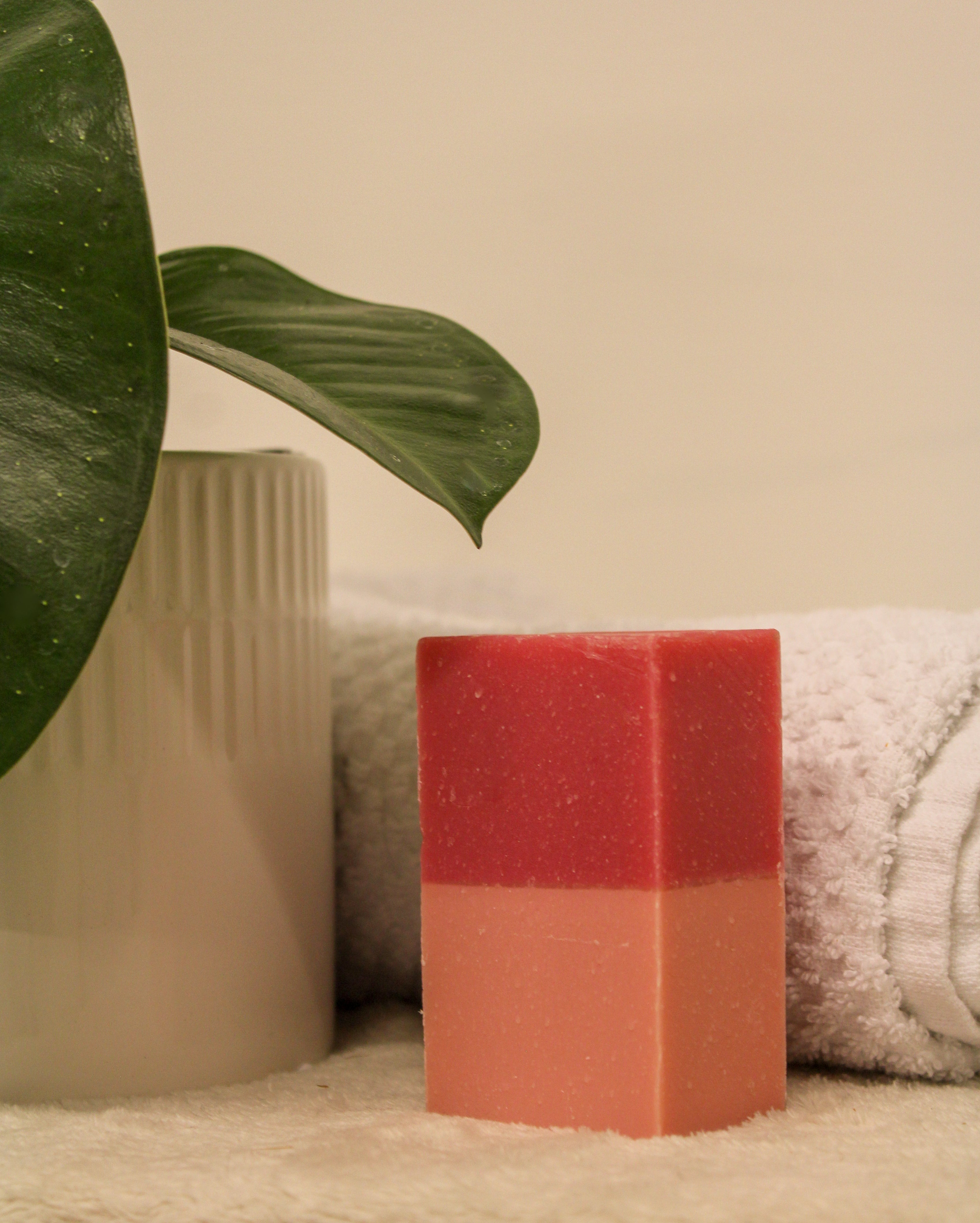 Red and pink soap bar on a towel with a plant and vase in the background