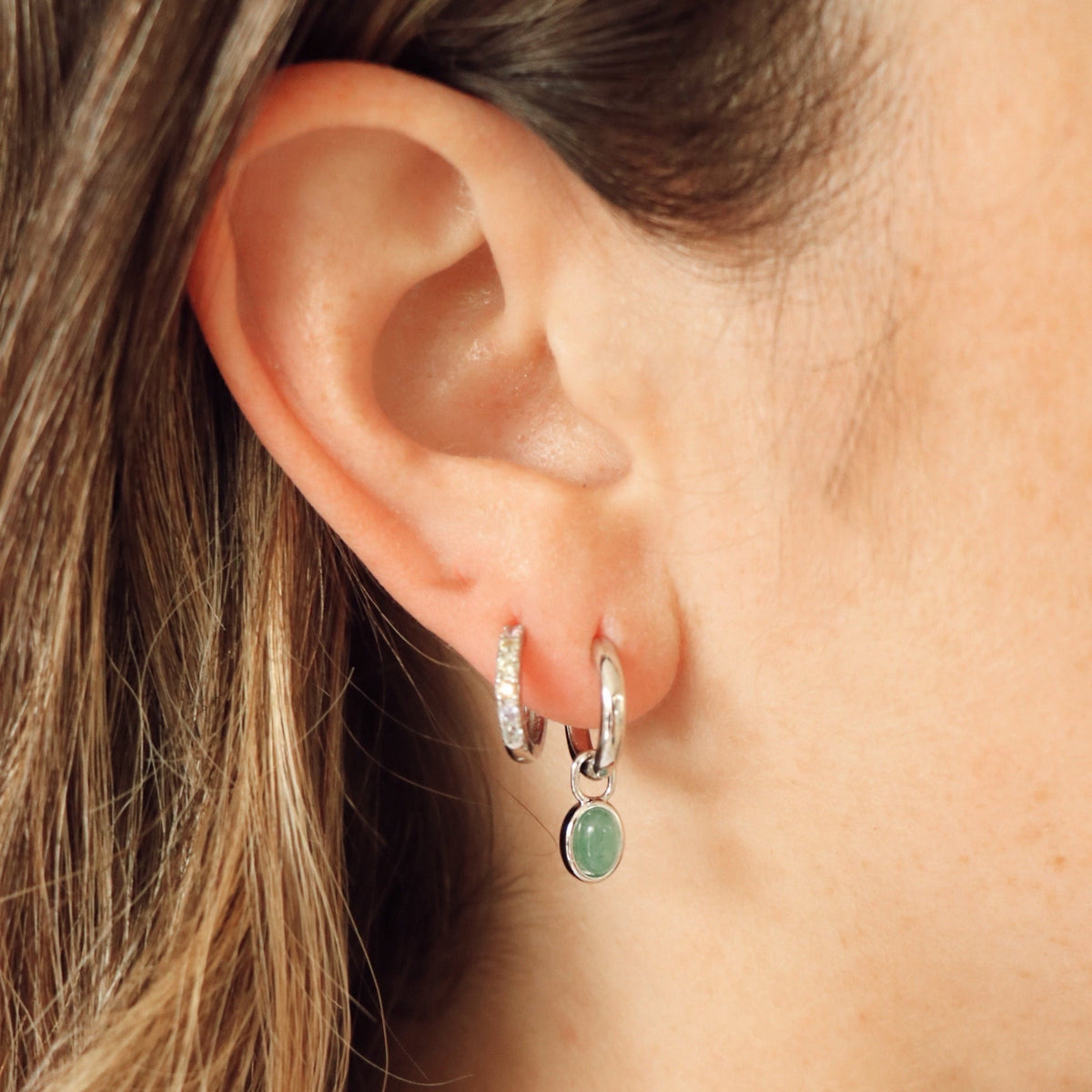 Charm Hoop Earrings – Pepea, Silver-Plated Pearl & Aventurine | HoraceJewelry side