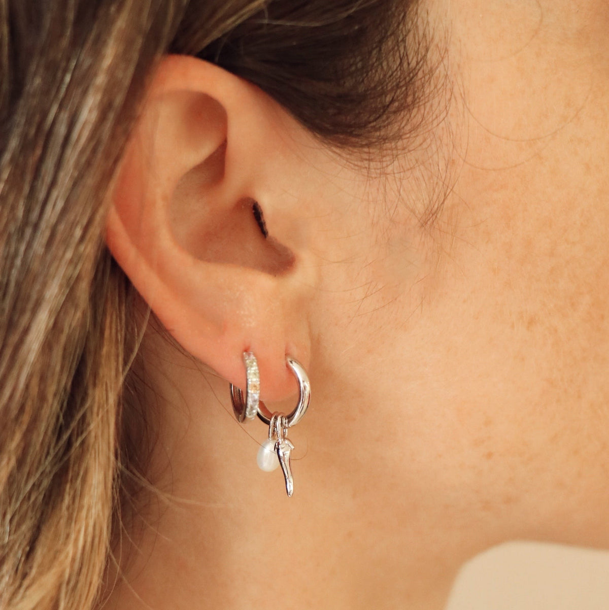 Charm Hoop Earrings – Pepea, Silver-Plated Pearl & Aventurine | HoraceJewelry pearl and pepper