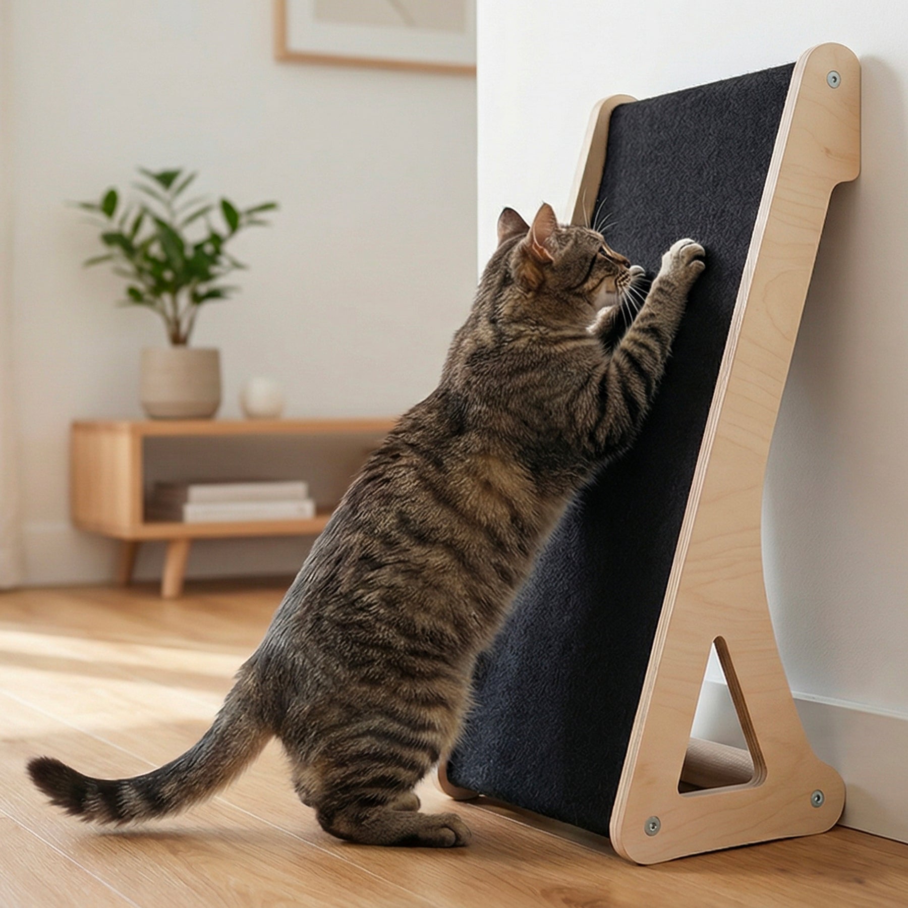 Cat climbing a wooden and fabric cat tree in a home setting.