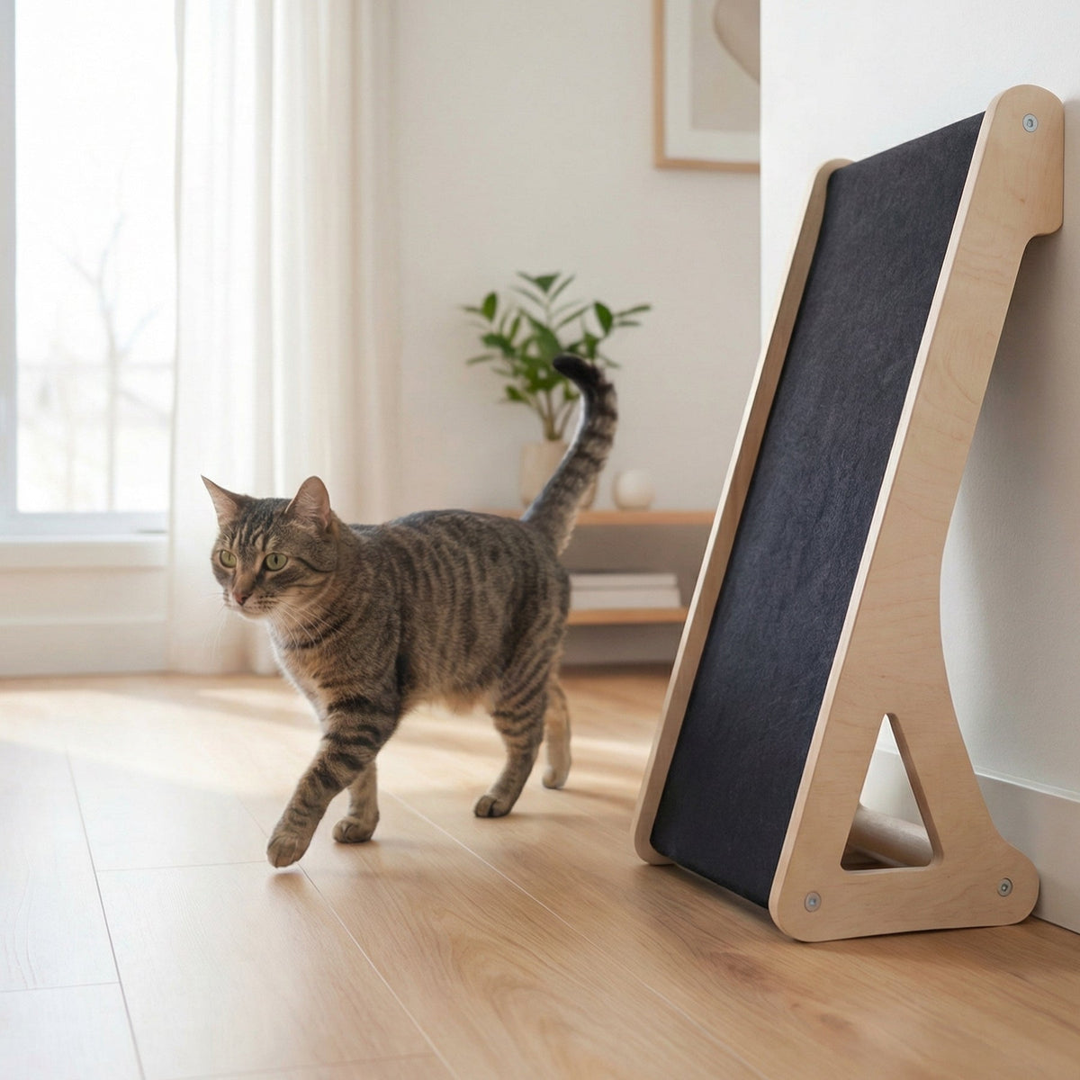 A gray tabby cat walks toward a wooden A-frame cat scratcher with a dark gray textured scratching surface in a bright, modern room with light wood floors.